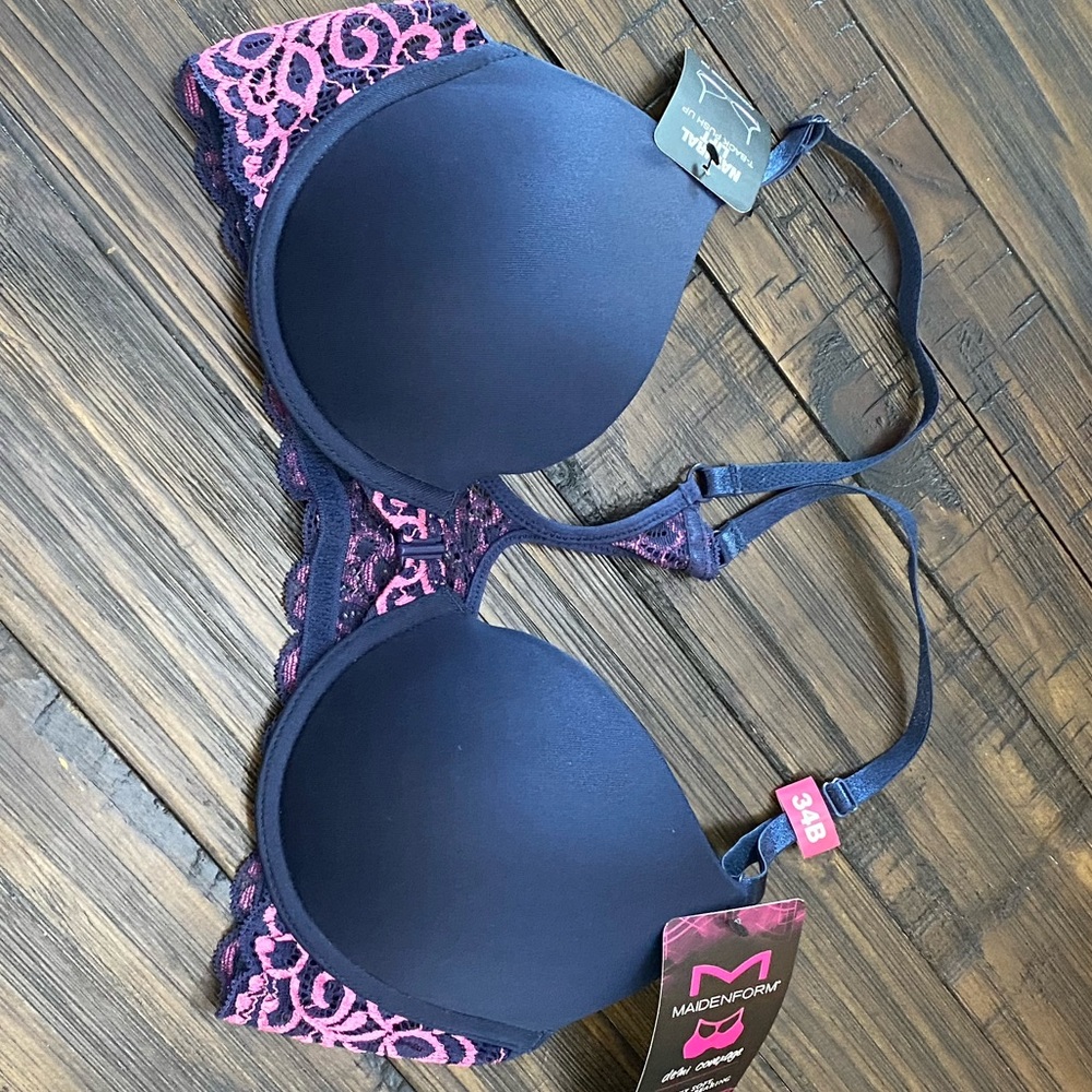NWT Maidenform 34B Navy/Pink Lace Push-up bra